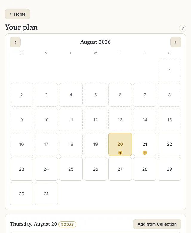 The memorization plan calendar for August 2026, with two days carrying a scheduled verse